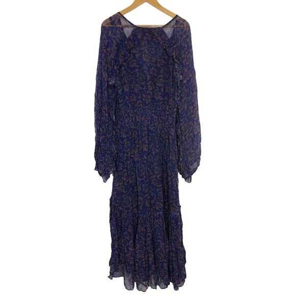 Figue Alessia Dress Floral Boho Smocked Ruffle Long Sleeve Midi Blue Purple XXL - Picture 5 of 9